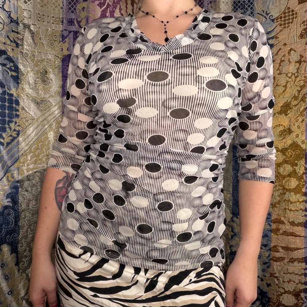 Black+Cream Polka Dot Mesh Ruched Waist 3/4 Sleeve V Neck Top Size L